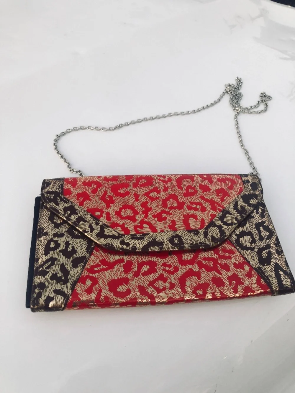 Red with Animal Print Shoulder Bag with Silver Hardware Removable Strap Snap C - Picture 1 of 3